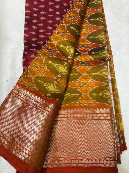 Brown And Mustard Yellow Telia Rumal Saree