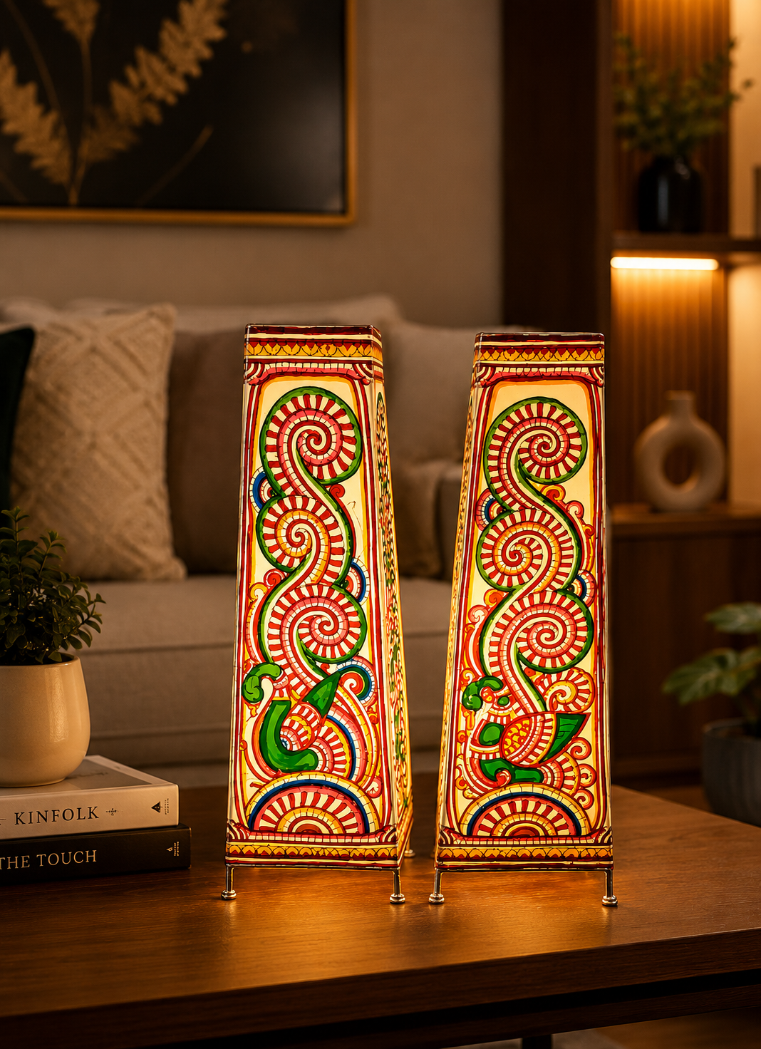 Andhra Pradesh Leather Puppetry Peacock Design Decorative Showpiece Lamp (Set of 2)