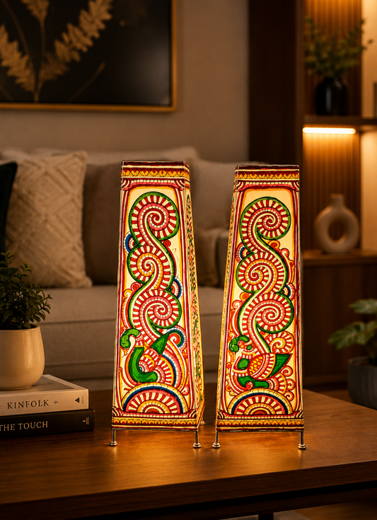 Andhra Pradesh Leather Puppetry Peacock Design Decorative Showpiece Lamp (Set of 2)