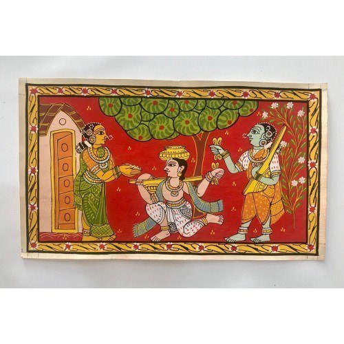Handmade Cheriyal Painting Village Woman Giving Alms