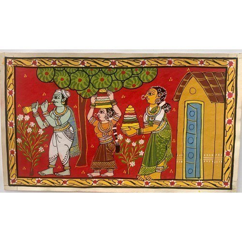 Handmade Cheriyal Painting Of Indian Village Scene