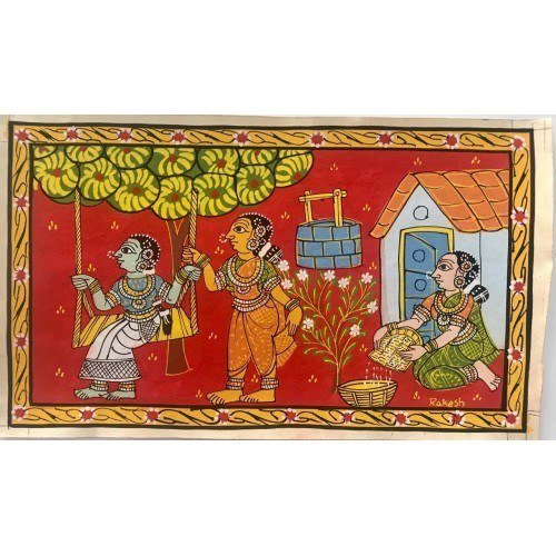 Handmade Cheriyal Painting Of Swinging Woman Village Scene