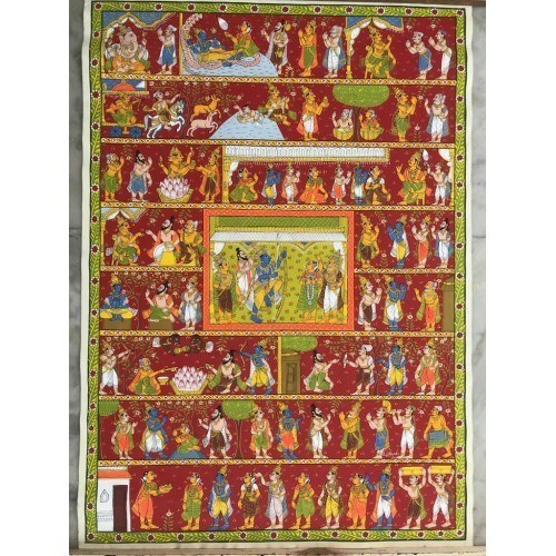 Handmade Cheriyal Painting Many Scence Of God's Leela