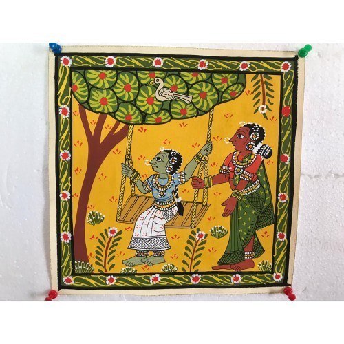 Handmade Cheriyal Painting Friends Playing With Swing