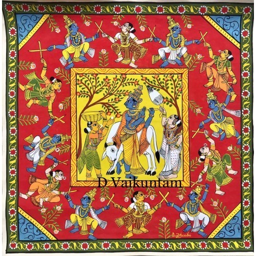 Handmade Cheriyal Painting Lord Krishna Playing Flute With Gopis