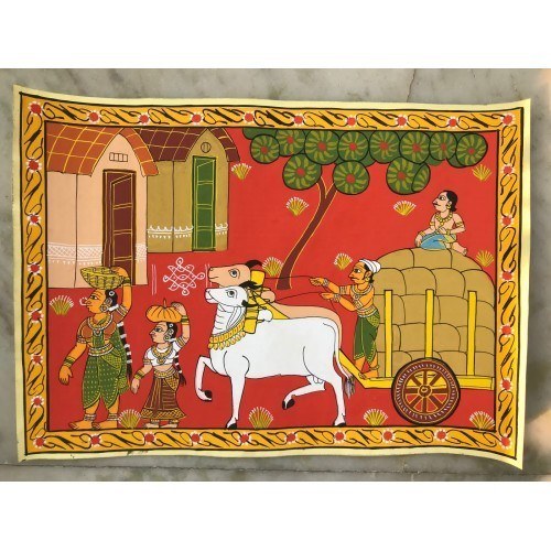 Handmade Cheriyal Painting Farmer With Bullock Cart