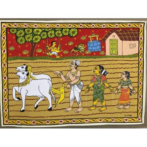 Handmade Cheriyal Painting Farmers Sowing Paddy