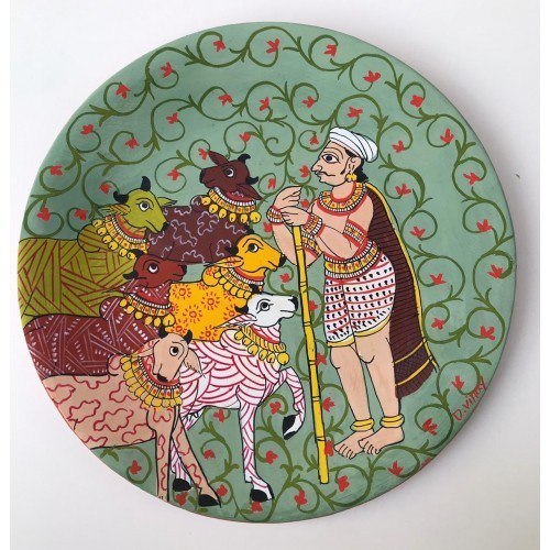 Handmade Round Plate Cheriyal Painting Of Shepherd