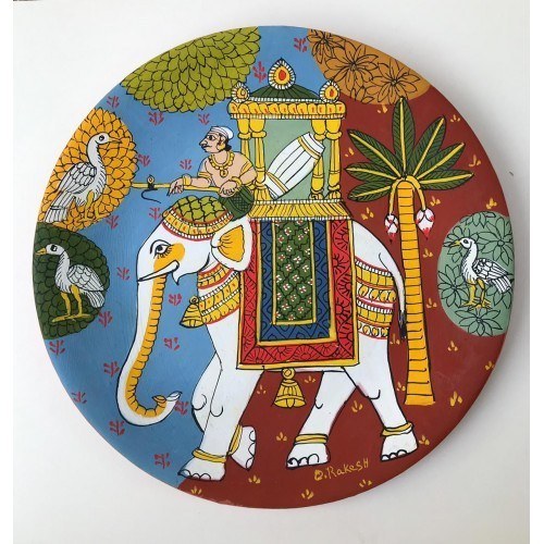 Round Plate Cheriyal Painting Of White Elephant