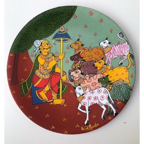 Handmade Wall Plate Cheriyal Painting Of Herdsman With Cows