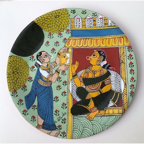 Wall Plate Cheriyal Painting Woman Doing Makeup