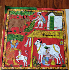 Cheriyal Painting Feeding cow Theme