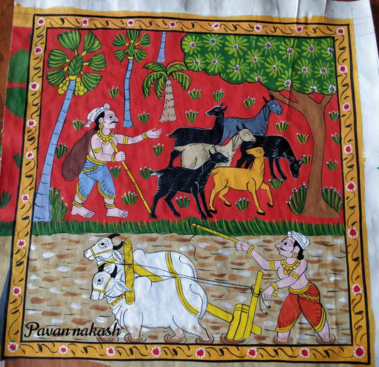 Cheriyal Painting village life Theme with frame