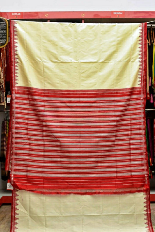 Classy Cream & Red Berhampur Saree