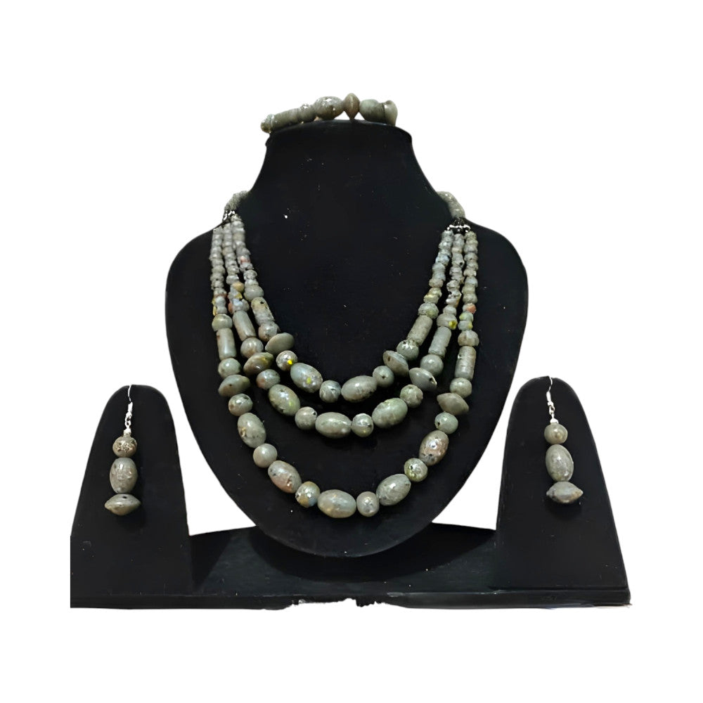 Classy Grey Matt Finish Glass Beads 3 Line Necklace Set