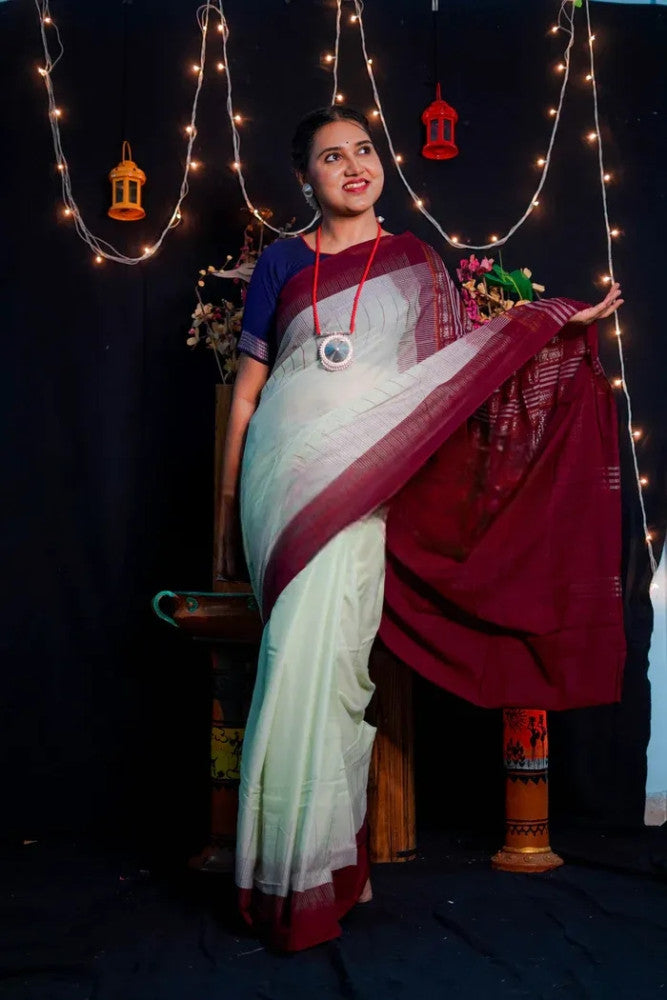Classy White & Maroon Sambalpuri Silk Saree