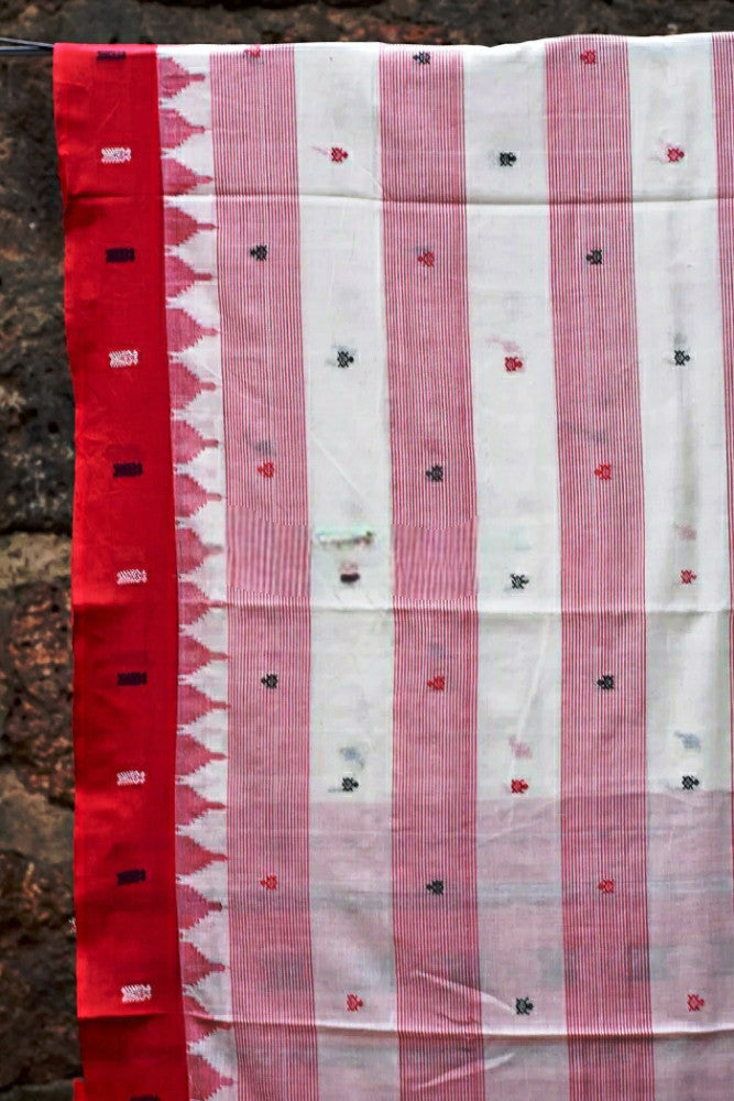 Classy White & Red Designer Prints Berhampur Saree