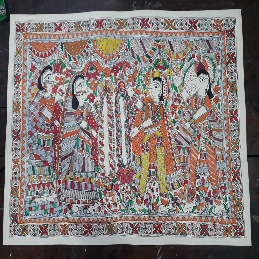 Colourful Couple In Wedding Madhubani Painting