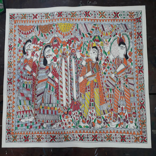 Colourful Couple In Wedding Madhubani Painting