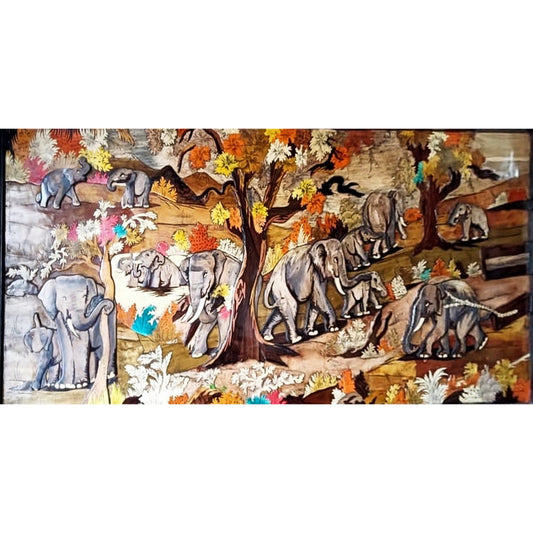 Colourful Elephants Rosewood Inlay Painting