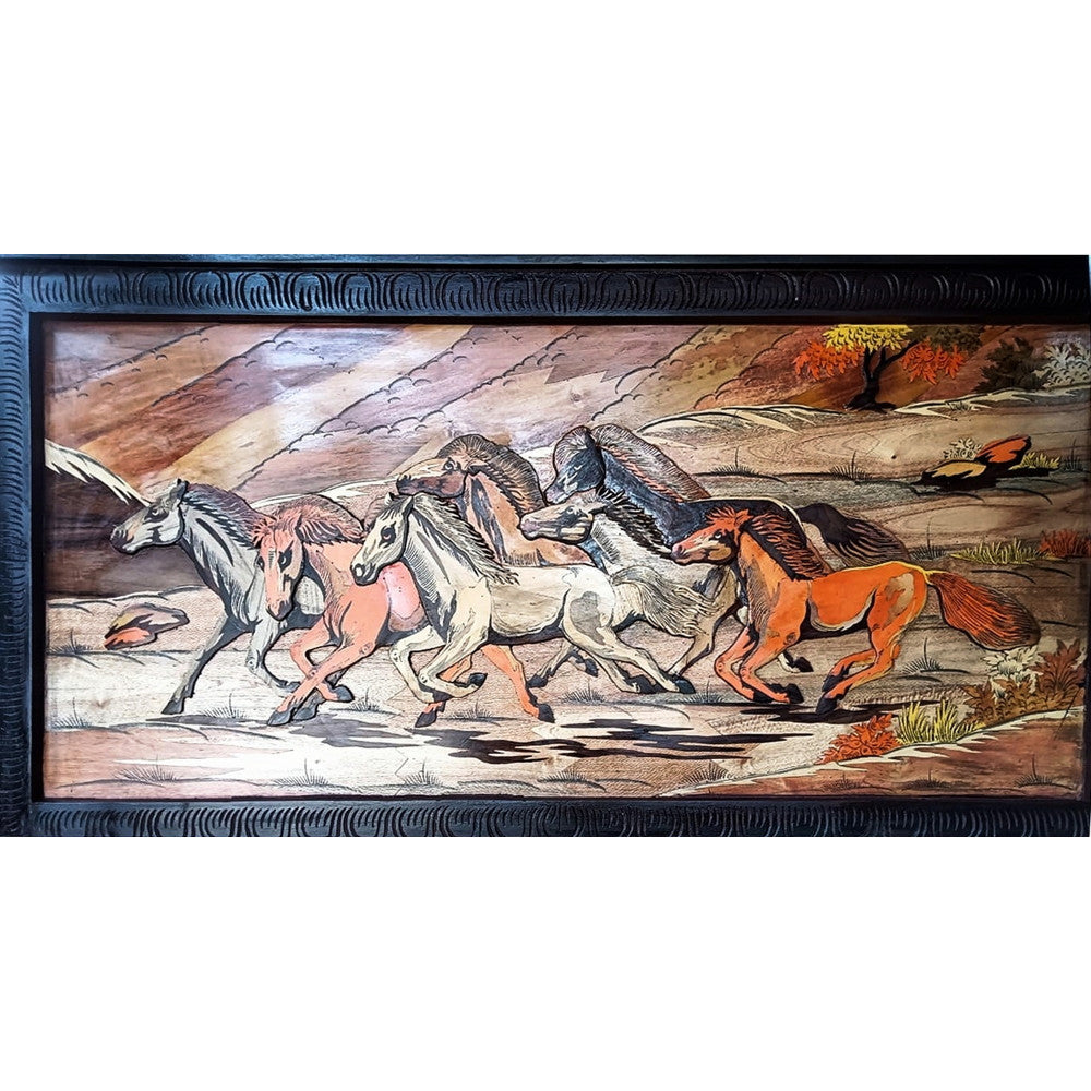 Colourful Horses Gallop Rosewood Inlay Painting
