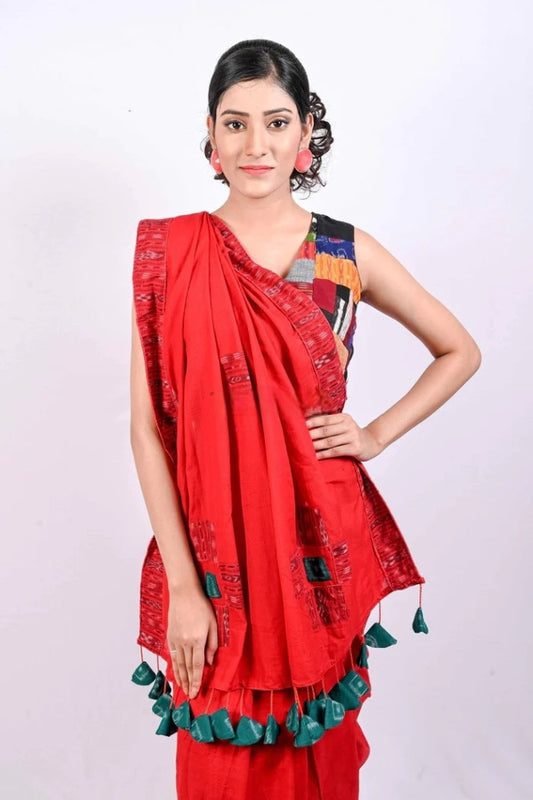 Colourful Orange Floral Prints Ikkat Saree