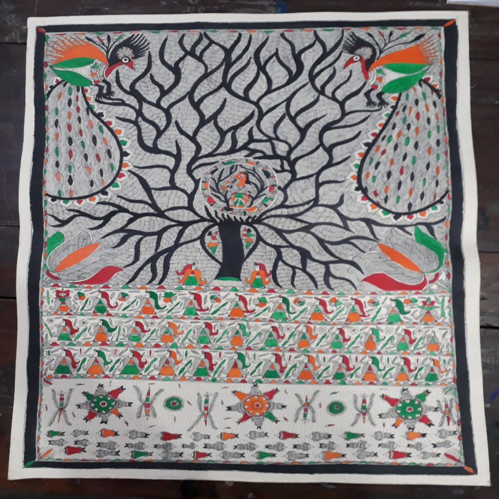 Colourful Two Peacocks Madhubani painting