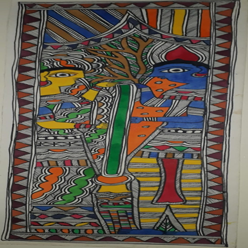 Couple Churning Curds Madhubhani Painting