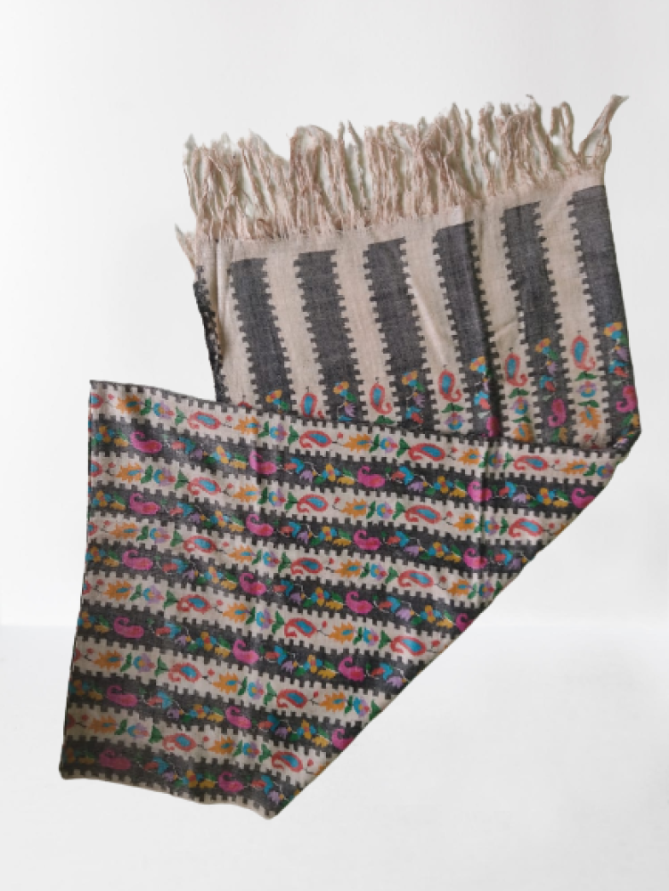 Cream Based Stripes Multicolour Floral Design Kani Shawl