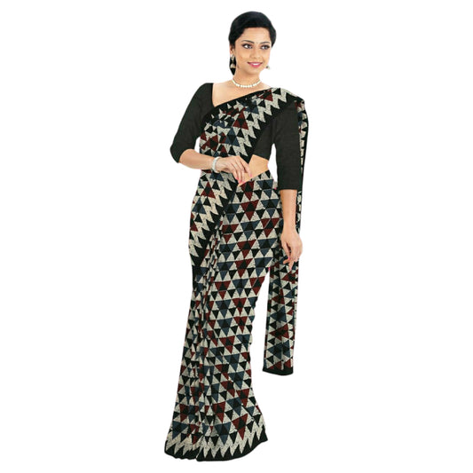 Cream & Black Colour Bagru Print Saree