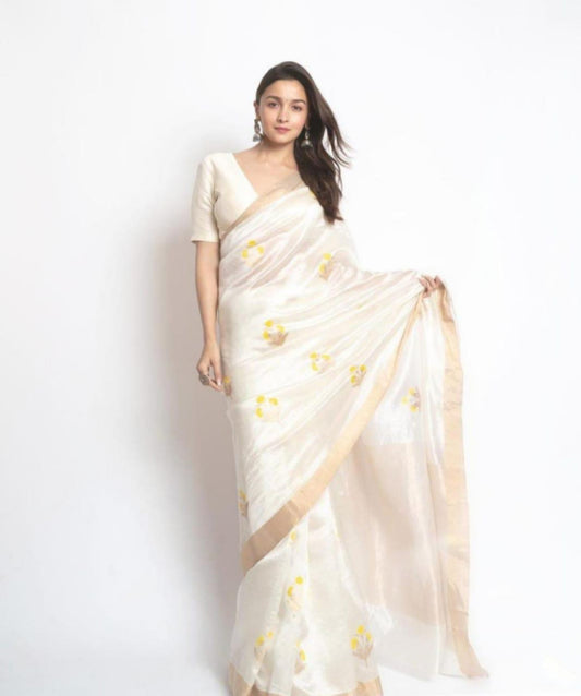 Cream & Gold Butta Chanderi Pattu Saree