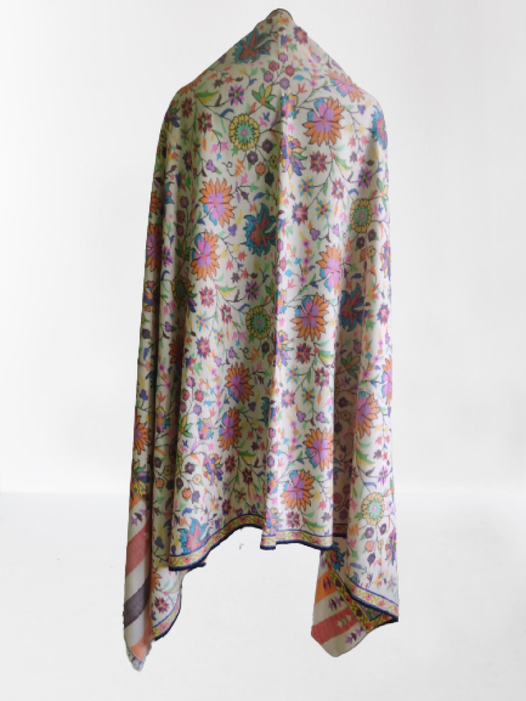 Cream ,Pink & Orange Floral Design Kani Shawl