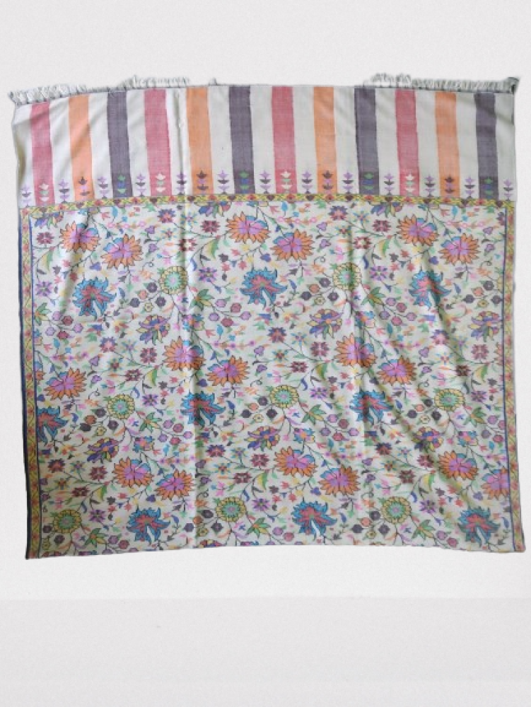 Cream ,Pink & Orange Floral Design Kani Shawl