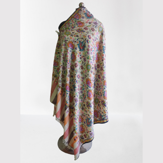Cream ,Pink & Orange Floral Design Kani Shawl