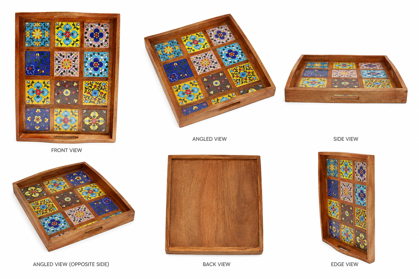 Blue Pottery Wooden Tray 12 Tiles