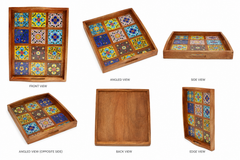 Blue Pottery Wooden Tray 12 Tiles