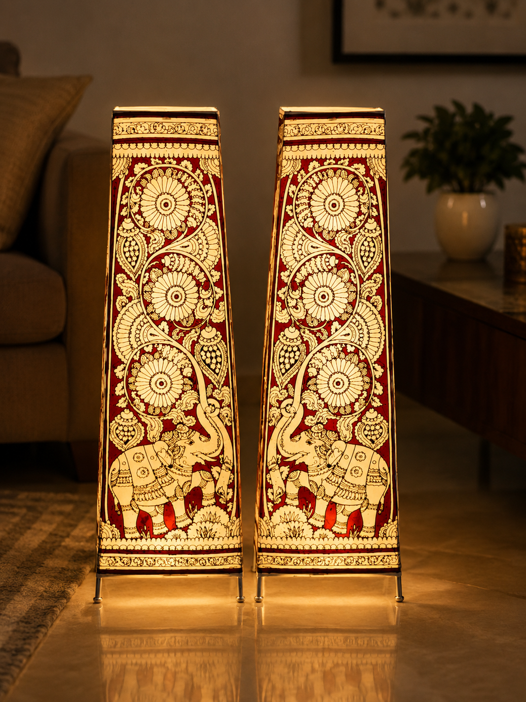 Andhra Pradesh Leather Puppetry Floral Printed Decorative Showpiece Lamp (Set of 2)