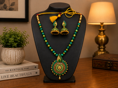 Dark Green Bankura Panchmura Terracotta Craft Necklace Jewellery Set