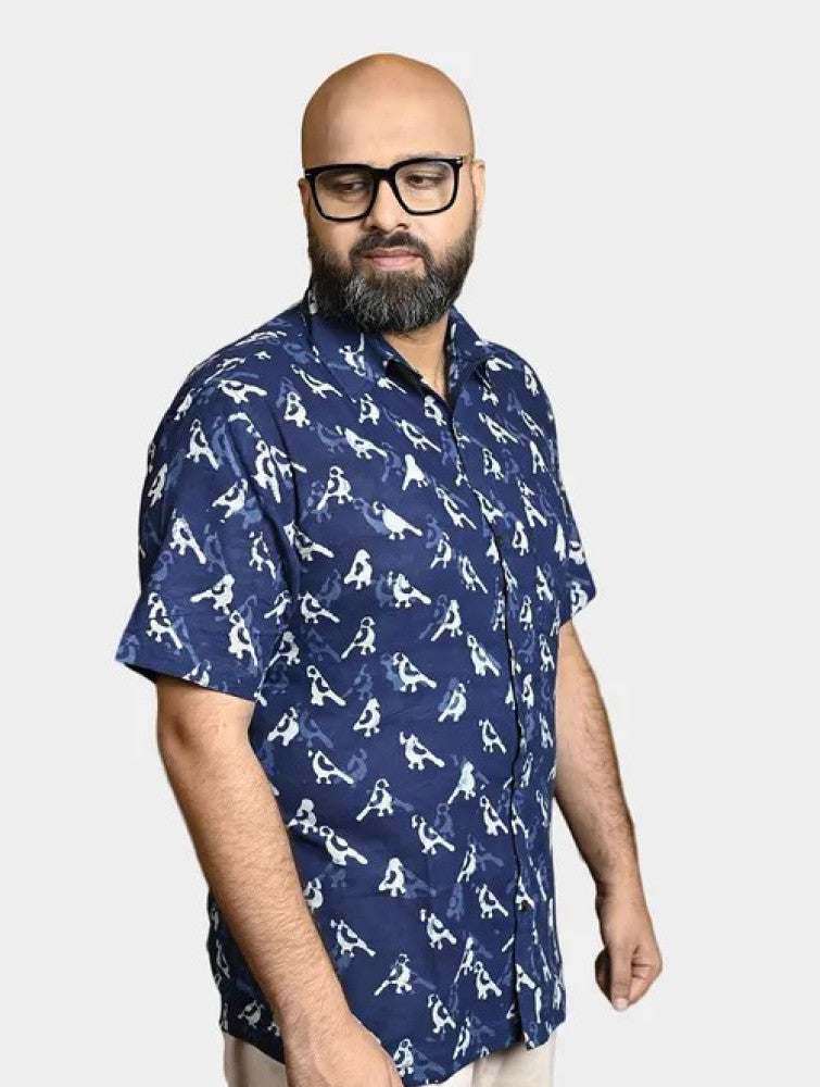Dabu Block Printed Cotton Men's Half Sleeves Shirt - Indigo Blue