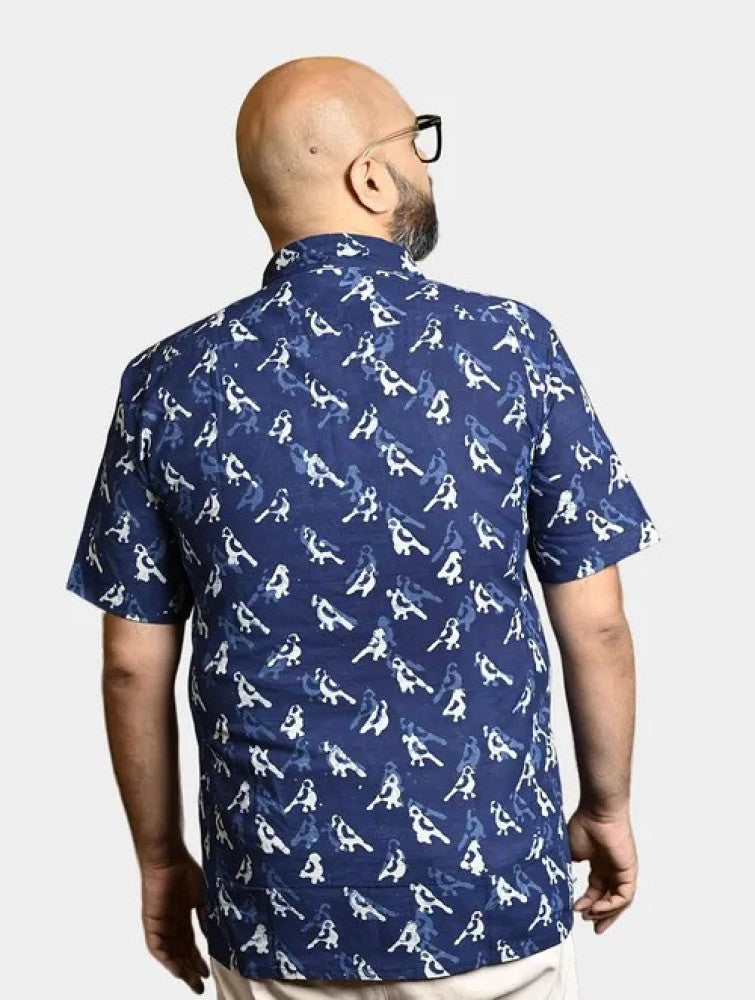 Dabu Block Printed Cotton Men's Half Sleeves Shirt - Indigo Blue