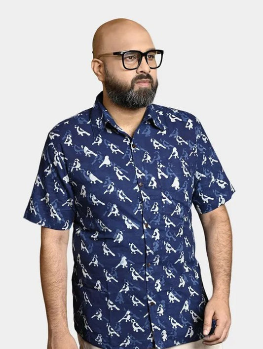Dabu Block Printed Cotton Men's Half Sleeves Shirt - Indigo Blue
