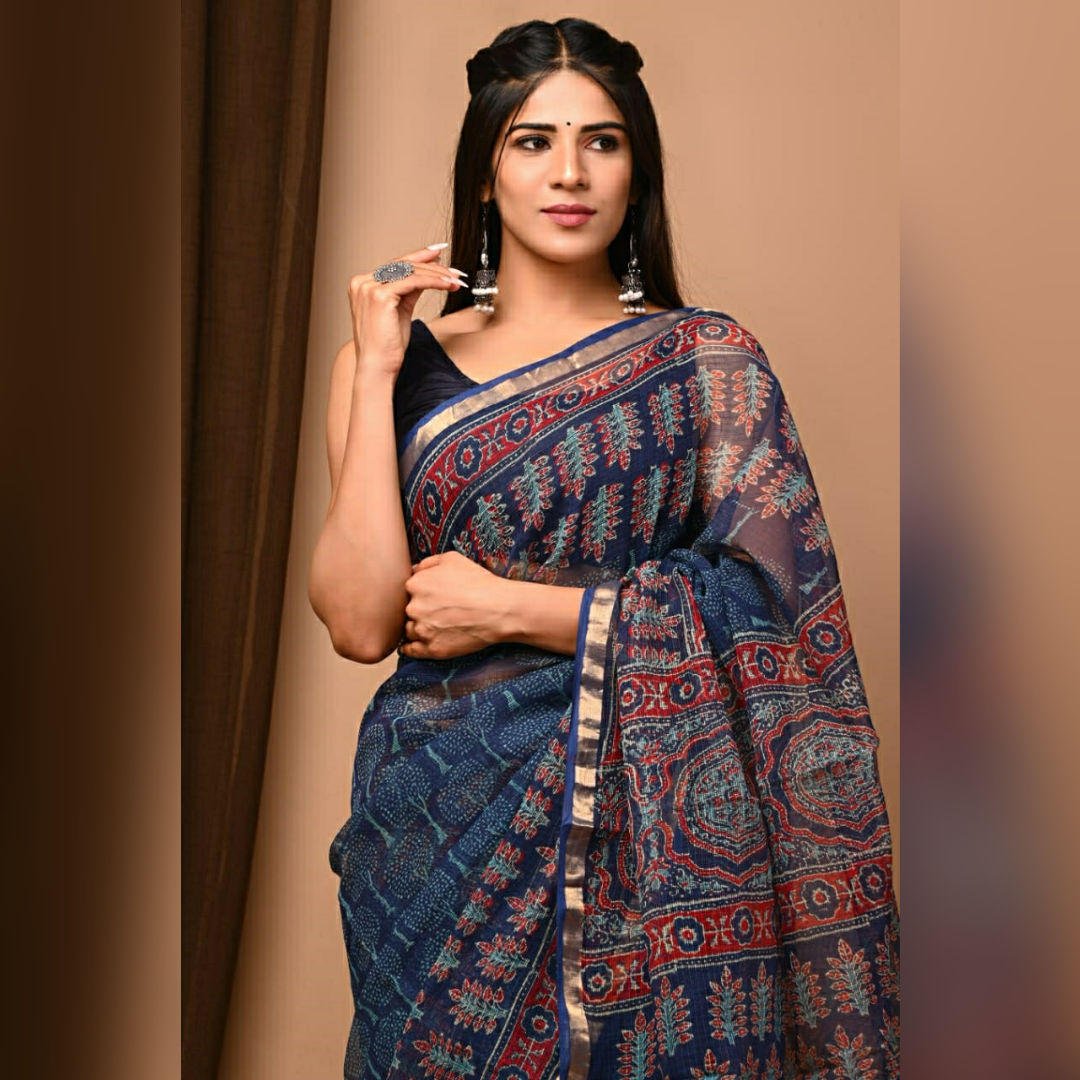 Dark Blue Colour Printed Kota Doria Pure Cotton Saree