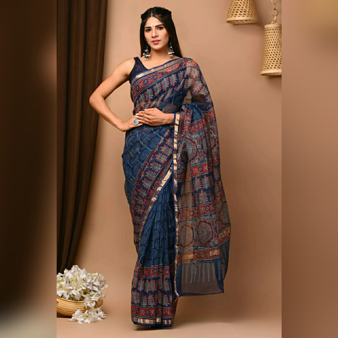 Dark Blue Colour Printed Kota Doria Pure Cotton Saree