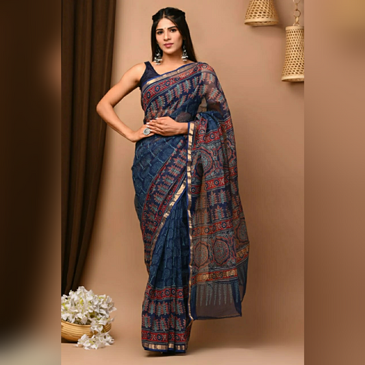 Dark Blue Colour Printed Kota Doria Pure Cotton Saree