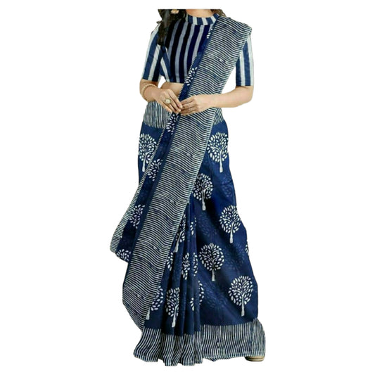 Dark Blue & White Colour Bagru Print Saree