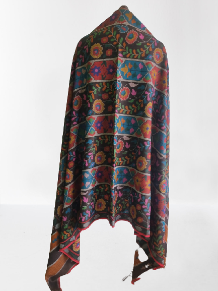 Dark Brown Multicolour Floral Design Kani Shawl