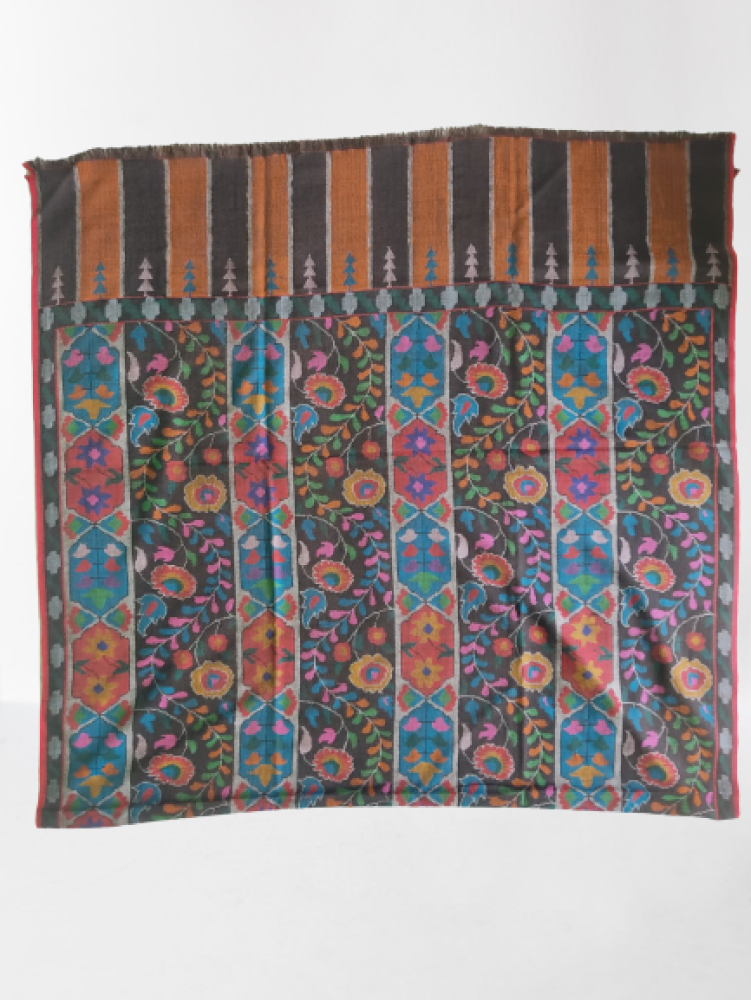 Dark Brown Multicolour Floral Design Kani Shawl
