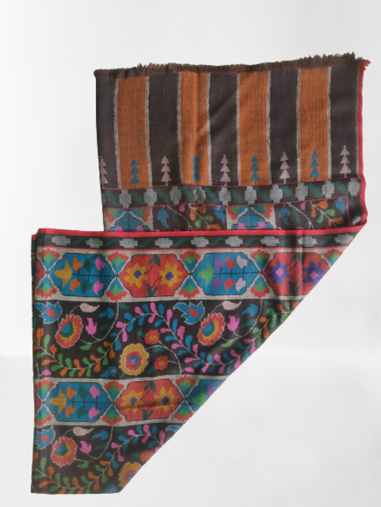 Dark Brown Multicolour Floral Design Kani Shawl