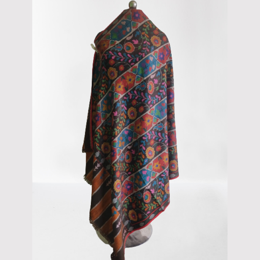 Dark Brown Multicolour Floral Design Kani Shawl