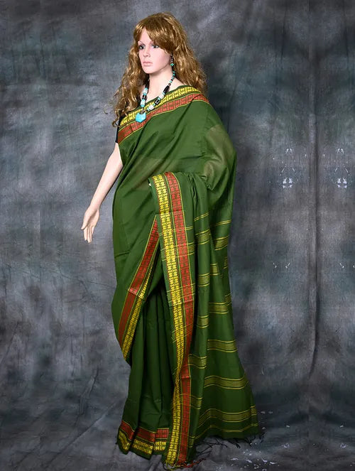 Dark Olive Green Shantipur Saree